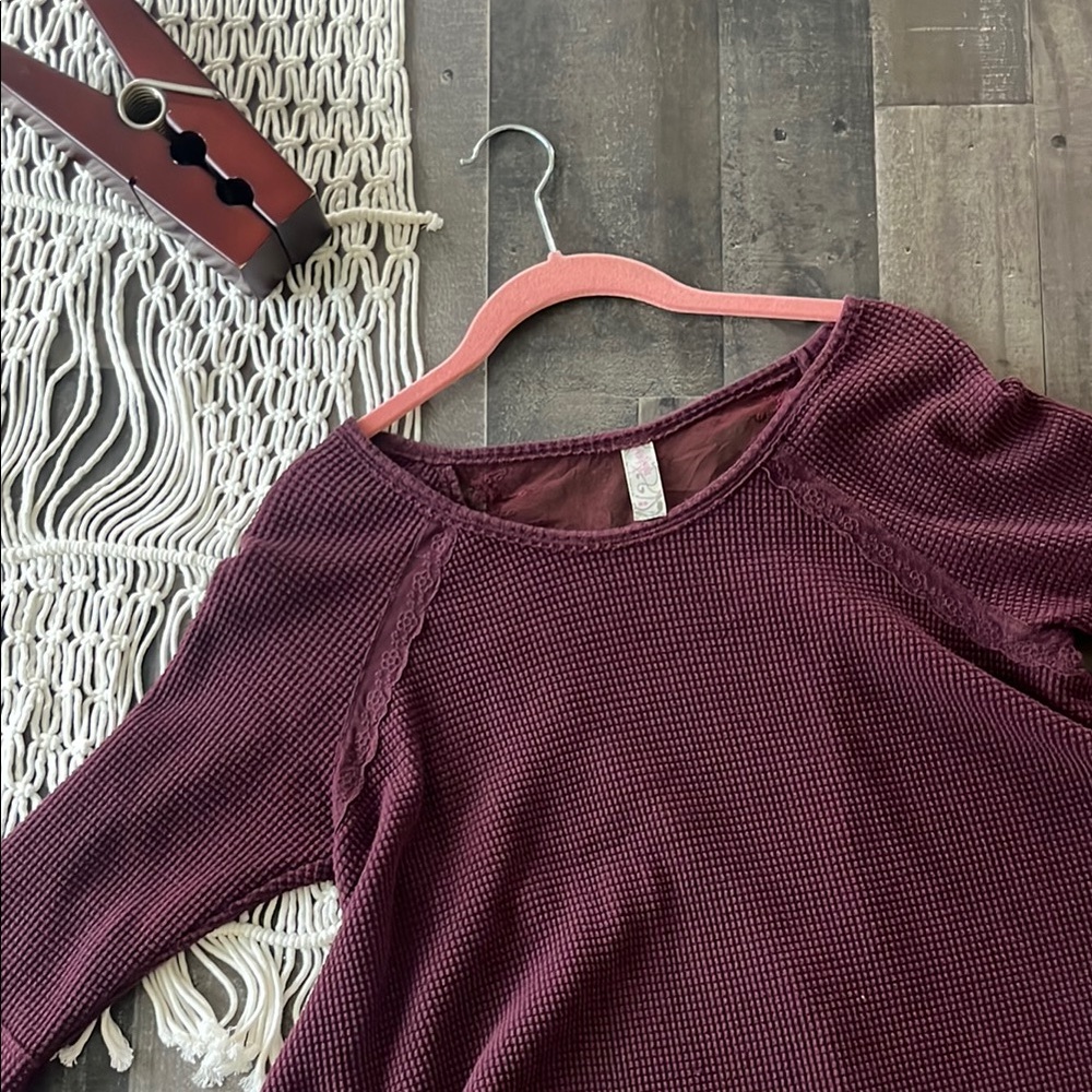 Free People Bon Bon Burgundy Waffle Knit Lace Back Top